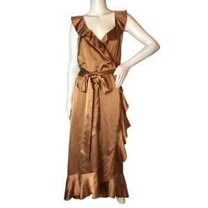 Show Me Your MuMu Copper Satin High-Low Ruffle Wrap Dress